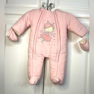 Infant Girls Size 6-9 Months Pink Snowsuit Detatched Mittens Double Zipper Front